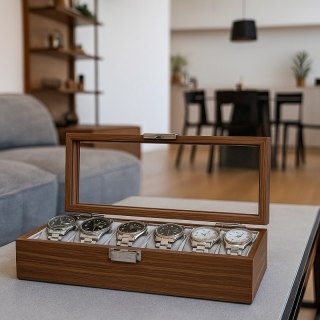 Szkatułka na 6 zegarków, etui, organizer zamykany ze szkłem 31x12x7,5cm PDMDF04