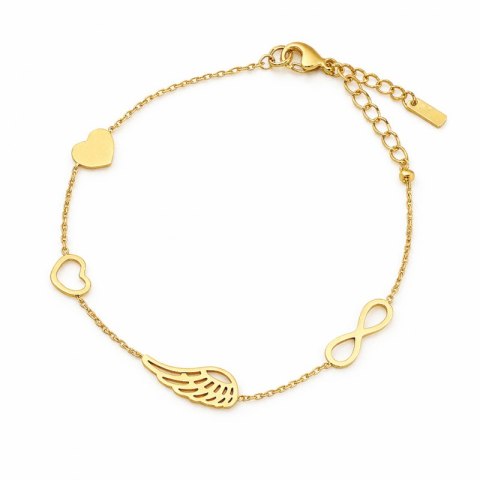 Bransoletka na rękę stal chirurgiczna pozłacana 14k złotem Celebrytka, skrzydełko, serca BST1554