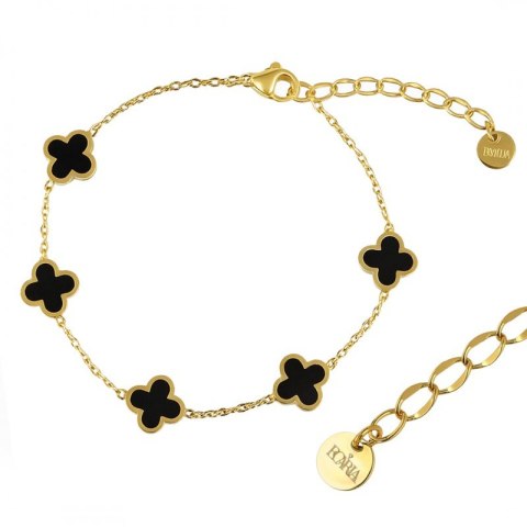 Bransoletka na rękę stal chirurgiczna pozłacana 14k złotem czarna, koniczynki BST1570