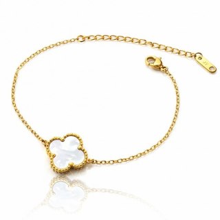 Bransoletka na rękę stal chirurgiczna pozłacana 14k złotem, koniczynka, masa perłowa BST1597