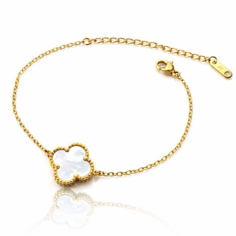 Bransoletka na rękę stal chirurgiczna pozłacana 14k złotem, koniczynka, masa perłowa BST1597