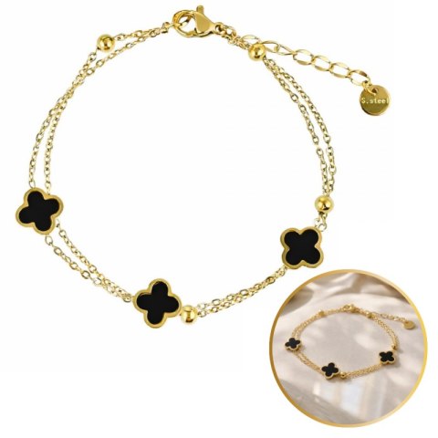 Bransoletka na rękę stal chirurgiczna pozłacana 14k złotem podwójna, koniczynki BST1571