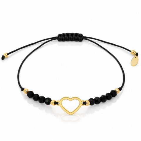 Bransoletka na rękę stal chirurgiczna pozłacana SERCE, czarna na sznurku BST1601