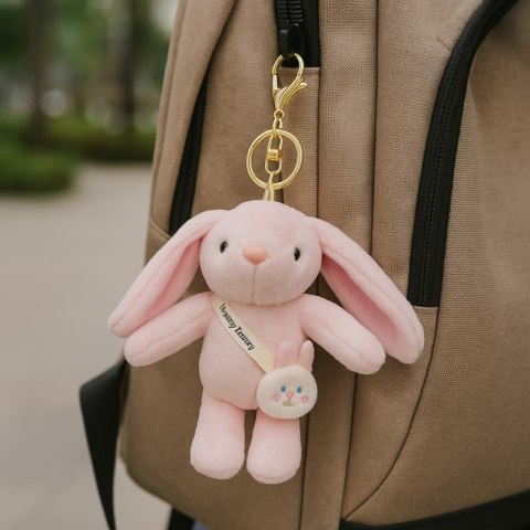 Brelok do kluczy puchaty KRÓLIK, pluszowy różowy BRL368R