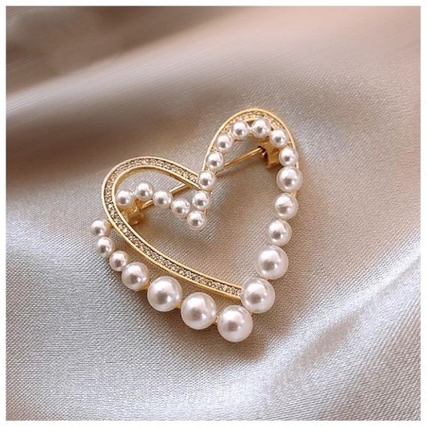 Broszka ozdobna - podwójne złote Serce z cyrkoniami i perłami BZ225