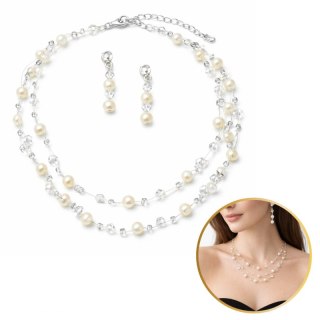 Delikatny zestaw ślubny z perłami i kryształkami, naszyjnik oraz kolczyki N1073