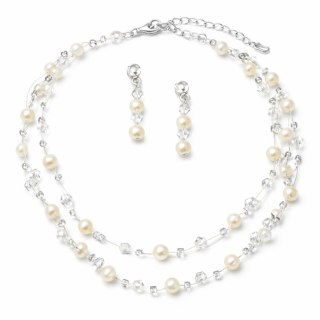 Delikatny zestaw ślubny z perłami i kryształkami, naszyjnik oraz kolczyki N1073