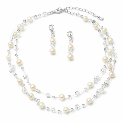 Delikatny zestaw ślubny z perłami i kryształkami, naszyjnik oraz kolczyki N1073