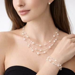 Delikatny zestaw ślubny z perłami, naszyjnik, bransoletka, kolczyki N1074