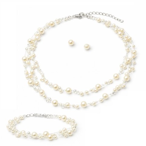 Delikatny zestaw ślubny z perłami, naszyjnik, bransoletka, kolczyki N1074