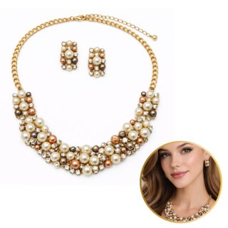 Elegancki Zestaw Biżuterii z Perłami i Kryształami - Naszyjnik + Kolczyki N1070BR