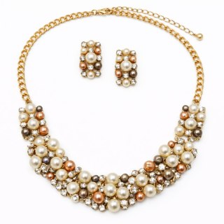 Elegancki Zestaw Biżuterii z Perłami i Kryształami - Naszyjnik + Kolczyki N1070BR