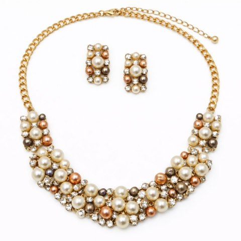 Elegancki Zestaw Biżuterii z Perłami i Kryształami - Naszyjnik + Kolczyki N1070BR