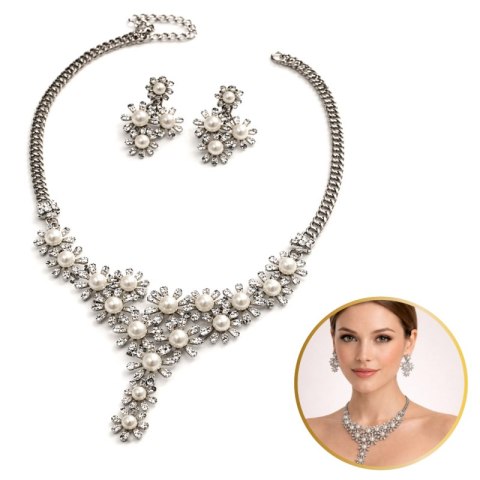 Elegancki Zestaw Biżuterii z Perłami i Kryształami - Naszyjnik + Kolczyki, srebrny N1071S