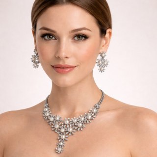 Elegancki Zestaw Biżuterii z Perłami i Kryształami - Naszyjnik + Kolczyki, srebrny N1071S