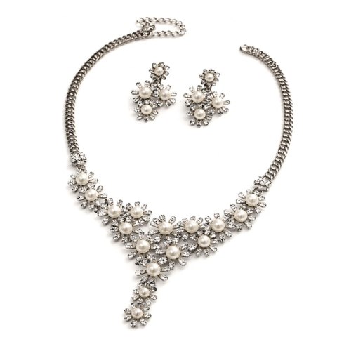 Elegancki Zestaw Biżuterii z Perłami i Kryształami - Naszyjnik + Kolczyki, srebrny N1071S