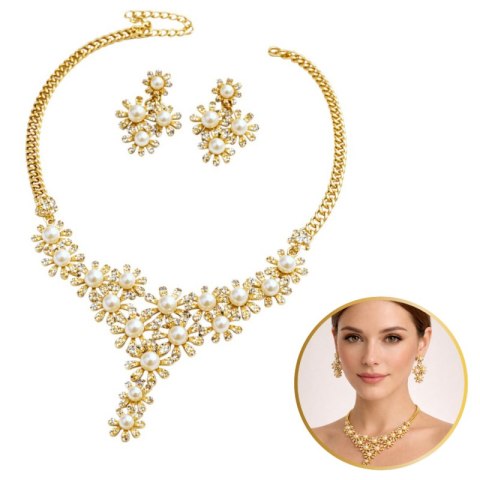 Elegancki Zestaw Biżuterii z Perłami i Kryształami - Naszyjnik + Kolczyki, złoty N1071Z