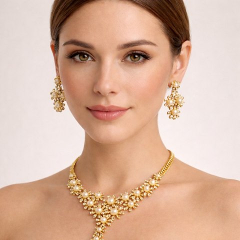 Elegancki Zestaw Biżuterii z Perłami i Kryształami - Naszyjnik + Kolczyki, złoty N1071Z