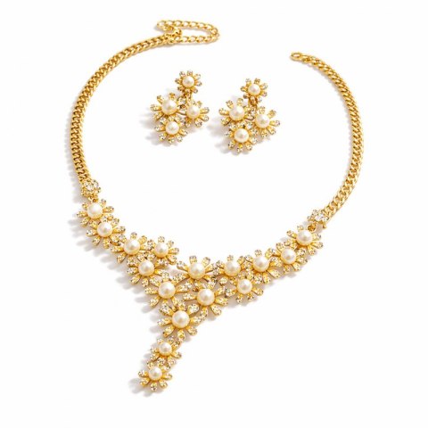 Elegancki Zestaw Biżuterii z Perłami i Kryształami - Naszyjnik + Kolczyki, złoty N1071Z