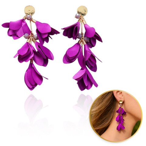 Kolczyki wiszące, efektowne tiulowe kwiat, fioletowe K1705