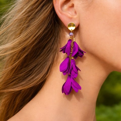 Kolczyki wiszące, efektowne tiulowe kwiat, fioletowe K1705