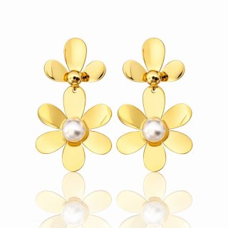 Kolczyki ze stali szlachetnej platerowane 14k złotem KWIATY perły KST3381
