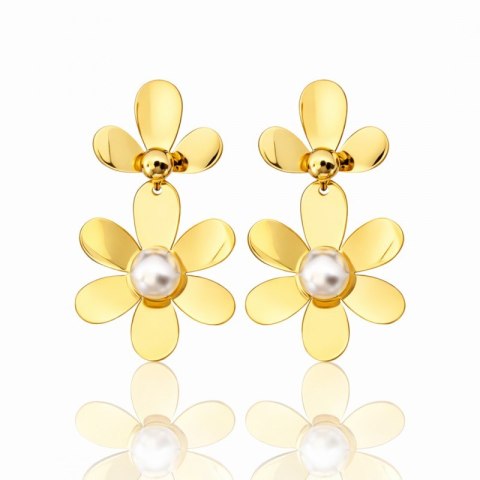 Kolczyki ze stali szlachetnej platerowane 14k złotem KWIATY perły KST3381