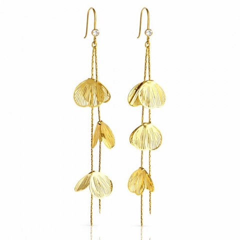 Kolczyki ze stali szlachetnej pozłacane 14k złotem, efektowne, wiszące kwiaty KST3506