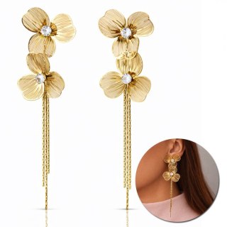 Kolczyki ze stali szlachetnej pozłacane 14k złotem, wiszące kwiaty z cyrkoniami KST3526