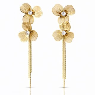 Kolczyki ze stali szlachetnej pozłacane 14k złotem, wiszące kwiaty z cyrkoniami KST3526