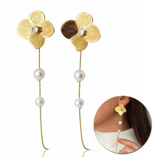 Kolczyki ze stali szlachetnej pozłacane 14k złotem, wiszące kwiaty z perełkami KST3508