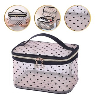 Kosmetyczka damska kuferek transparentna czarne serca 12x21x13cm KS125