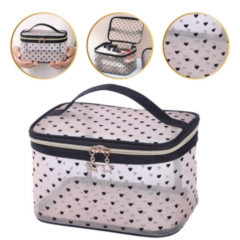 Kosmetyczka damska kuferek transparentna czarne serca 12x21x13cm KS125