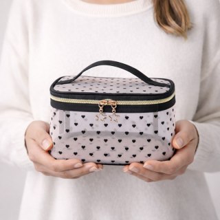 Kosmetyczka damska kuferek transparentna czarne serca 12x21x13cm KS125