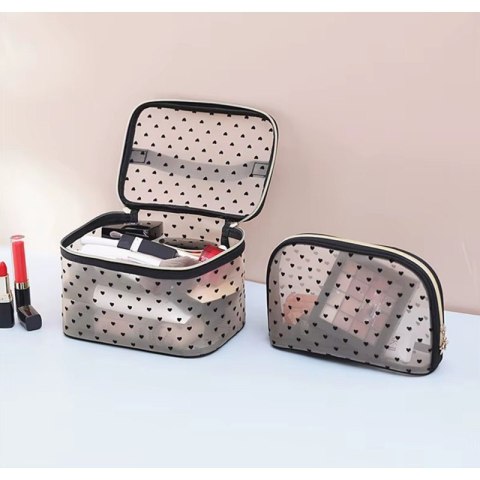 Kosmetyczka damska kuferek transparentna czarne serca 12x21x13cm KS125