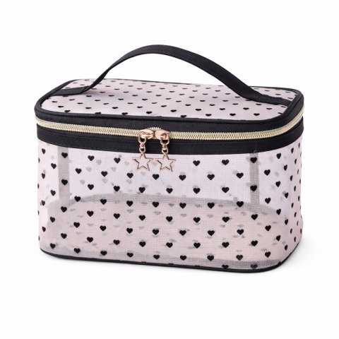 Kosmetyczka damska kuferek transparentna czarne serca 12x21x13cm KS125