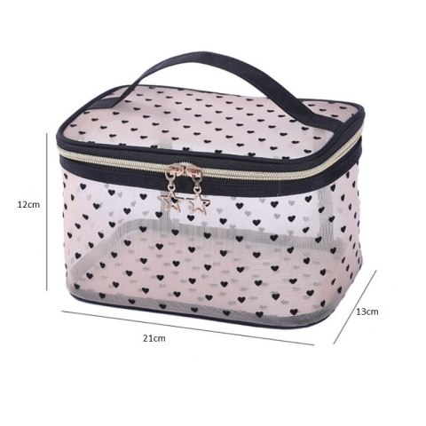 Kosmetyczka damska kuferek transparentna czarne serca 12x21x13cm KS125