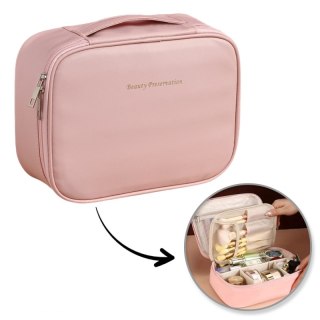 Kosmetyczka rozkładana elegancka kuferek etui z ekoskóry róż KS146R