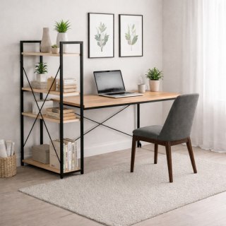 Loftowe biurko komputerowe z regałem, półkami, 120 x 60cm, czarne, blat jasny brąz STL24JBR