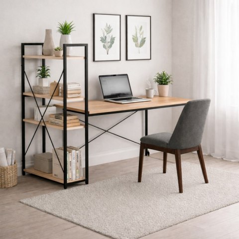 Loftowe biurko komputerowe z regałem, półkami, 120 x 60cm, czarne, blat jasny brąz STL24JBR