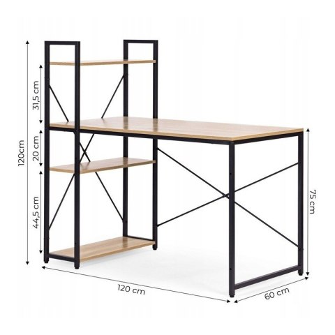 Loftowe biurko komputerowe z regałem, półkami, 120 x 60cm, czarne, blat jasny brąz STL24JBR
