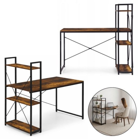 Loftowe biurko komputerowe z regałem, półkami, 120 x 60cm, czarne, brązowy blat STL24BR