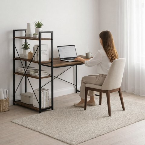 Loftowe biurko komputerowe z regałem, półkami, 120 x 60cm, czarne, brązowy blat STL24BR