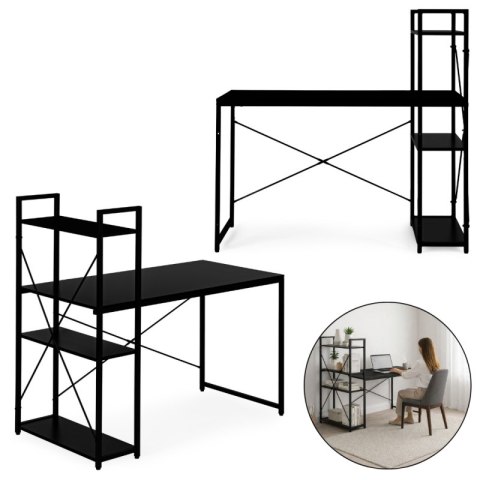 Loftowe biurko komputerowe z regałem, półkami, 120 x 60cm, czarne, czarny blat STL24CZ