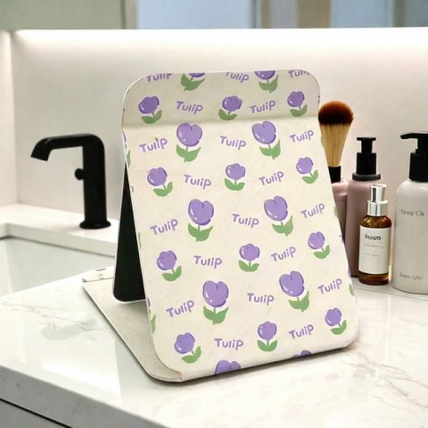 Lusterko kosmetyczne z ekoskóry, otwierane, stojące duże, tulipany 15 x 20 cm L22