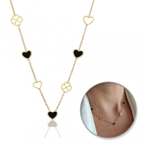 Naszyjnik stal szlachetna pozłacana 14k złotem, SERCA czarne i koniczynki NST2195