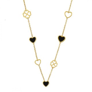 Naszyjnik stal szlachetna pozłacana 14k złotem, SERCA czarne i koniczynki NST2195