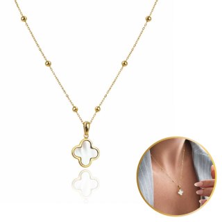 Naszyjnik stal szlachetna pozłacana 14k złotem, koniczynka, masa perłowa NST2187