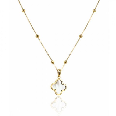 Naszyjnik stal szlachetna pozłacana 14k złotem, koniczynka, masa perłowa NST2187