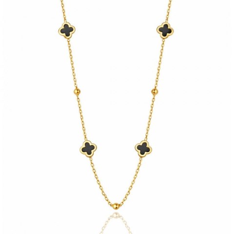 Naszyjnik stal szlachetna pozłacana 14k złotem, koniczynki czarne NST2251